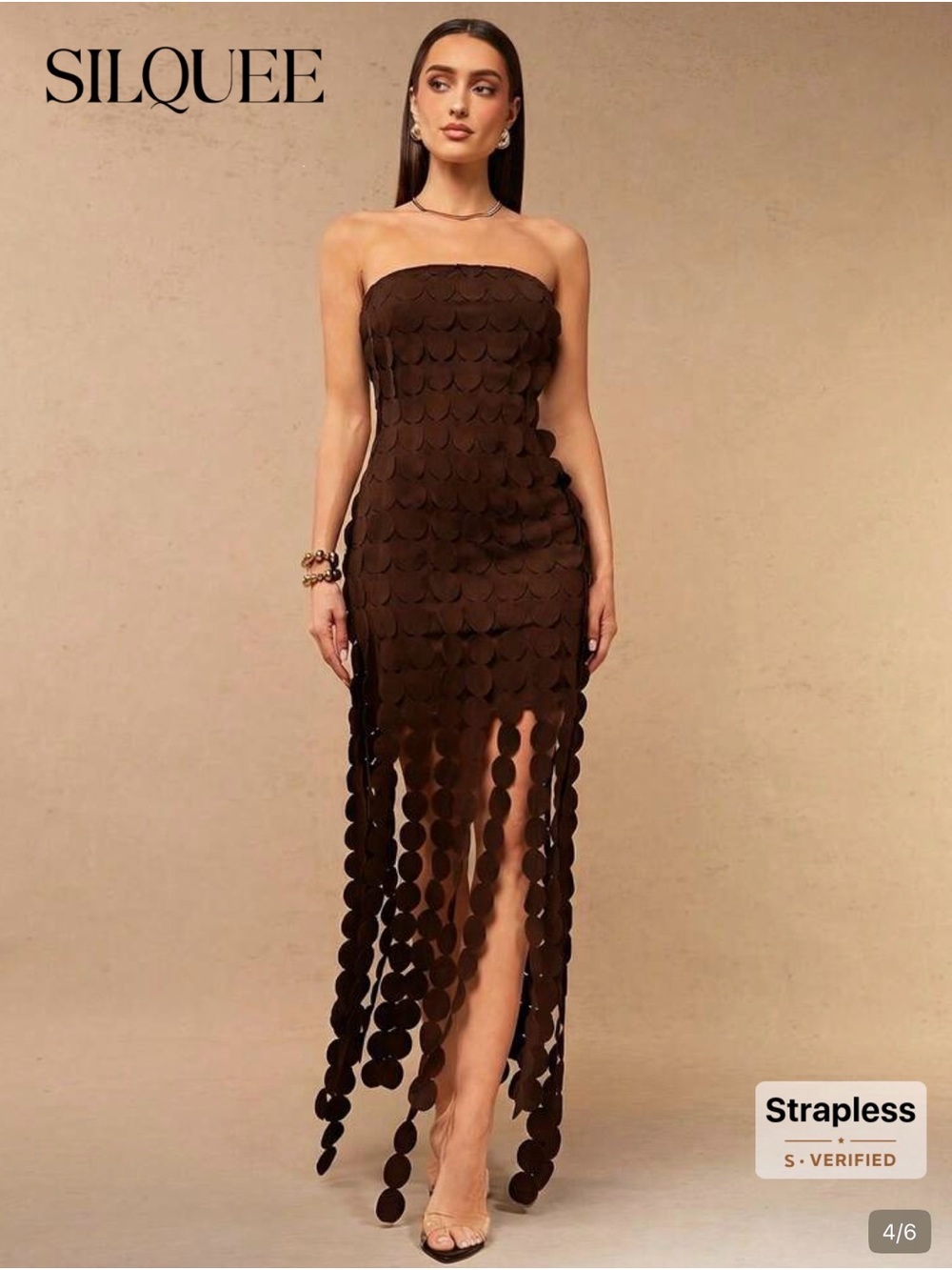 Silquee Strapless Brown Scallop Fringe Maxi Dress